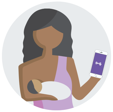 Breastfeeding woman holding smartphone with Pacify app open.