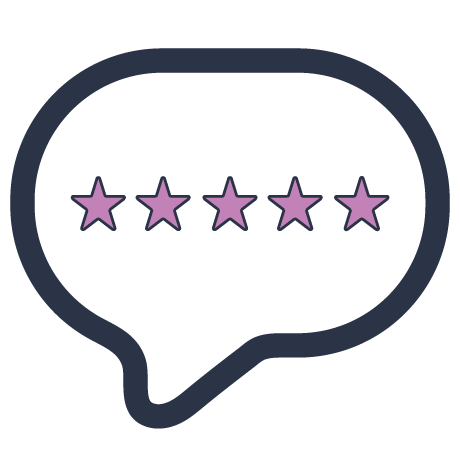 Speech bubble showing five star rating.