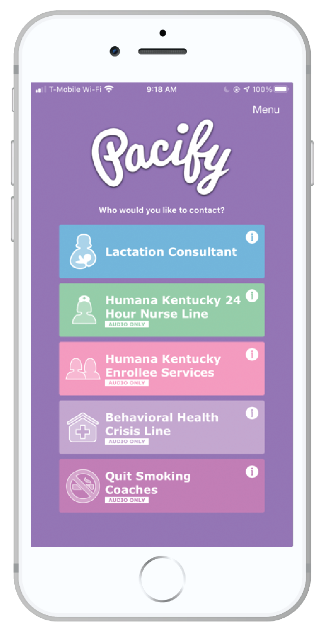 Home screen of Pacify app showing call buttons to Lactation Consultants, Humana Kentucky 24 Hour Nurse Line, Humana Kentucky Enrollee Services, Behavior Health Crisis Line, and Quit Smoking Coaches.