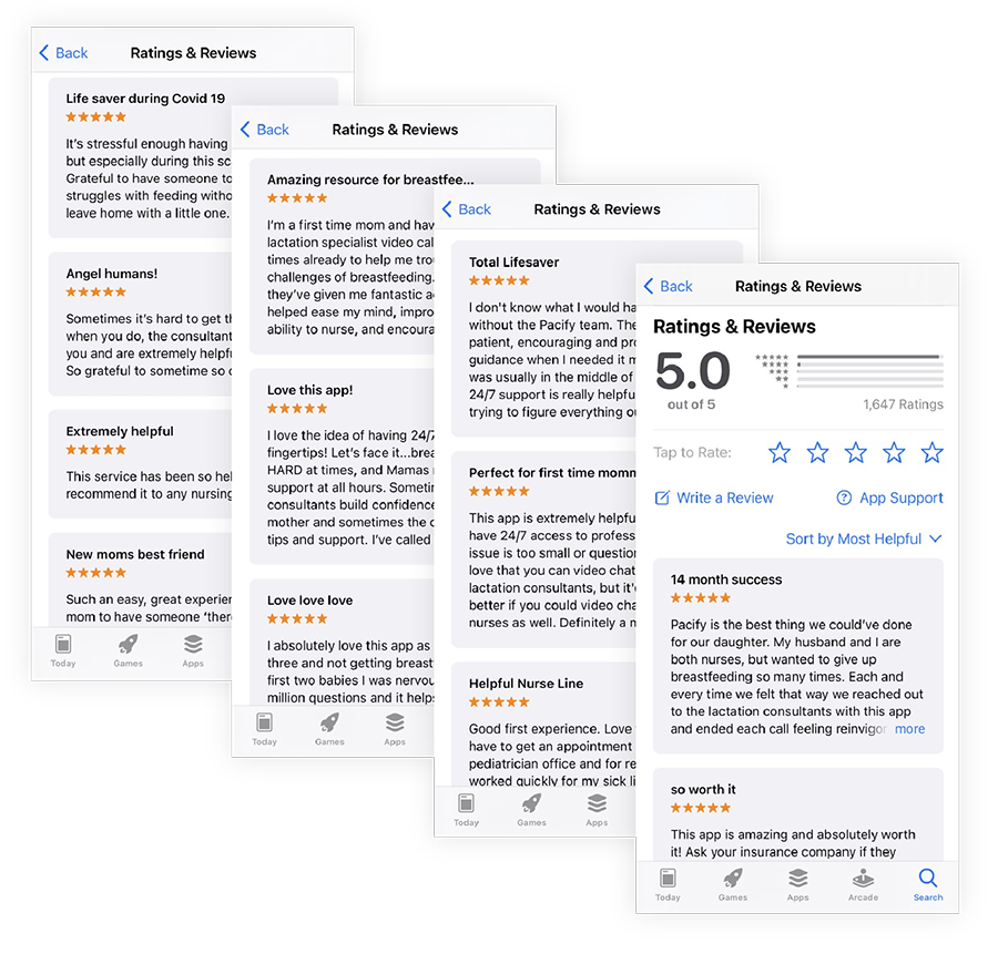 App store positive reviews read: "Total Lifesaver: "I don't know what I would have done without the Pacify team. They were calm, patient, encouraging and provided critical guidance when I needed it most (which was usually in the middle of the night). The 24/7 support is really helpful!"