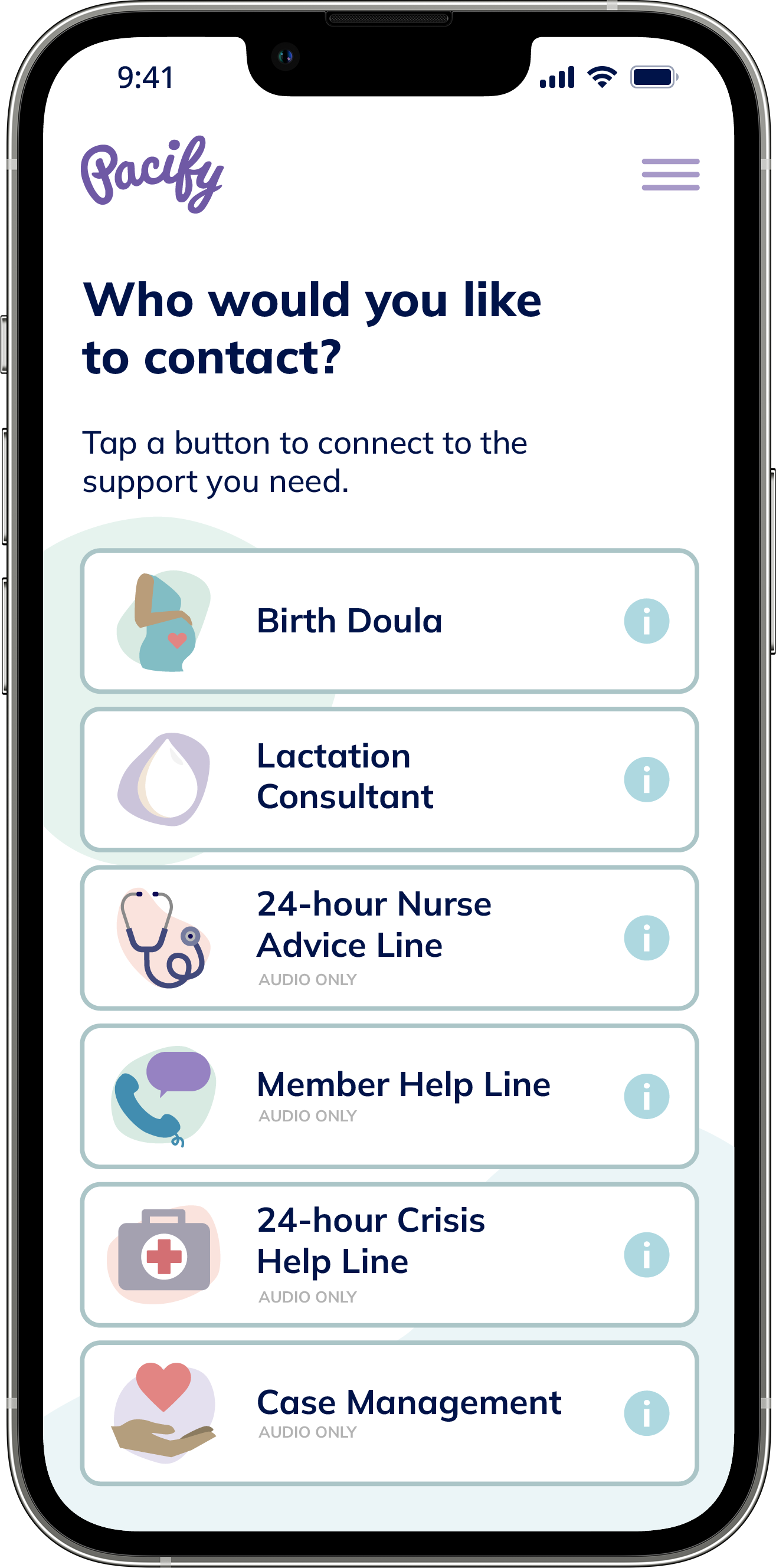 Pacify app home screen showing call options of Lactation Consultant, 24-hour Nurse Advice Line, Molina Case Management, Molina Member Services, and Molina Behavioral Health Crisis Line.