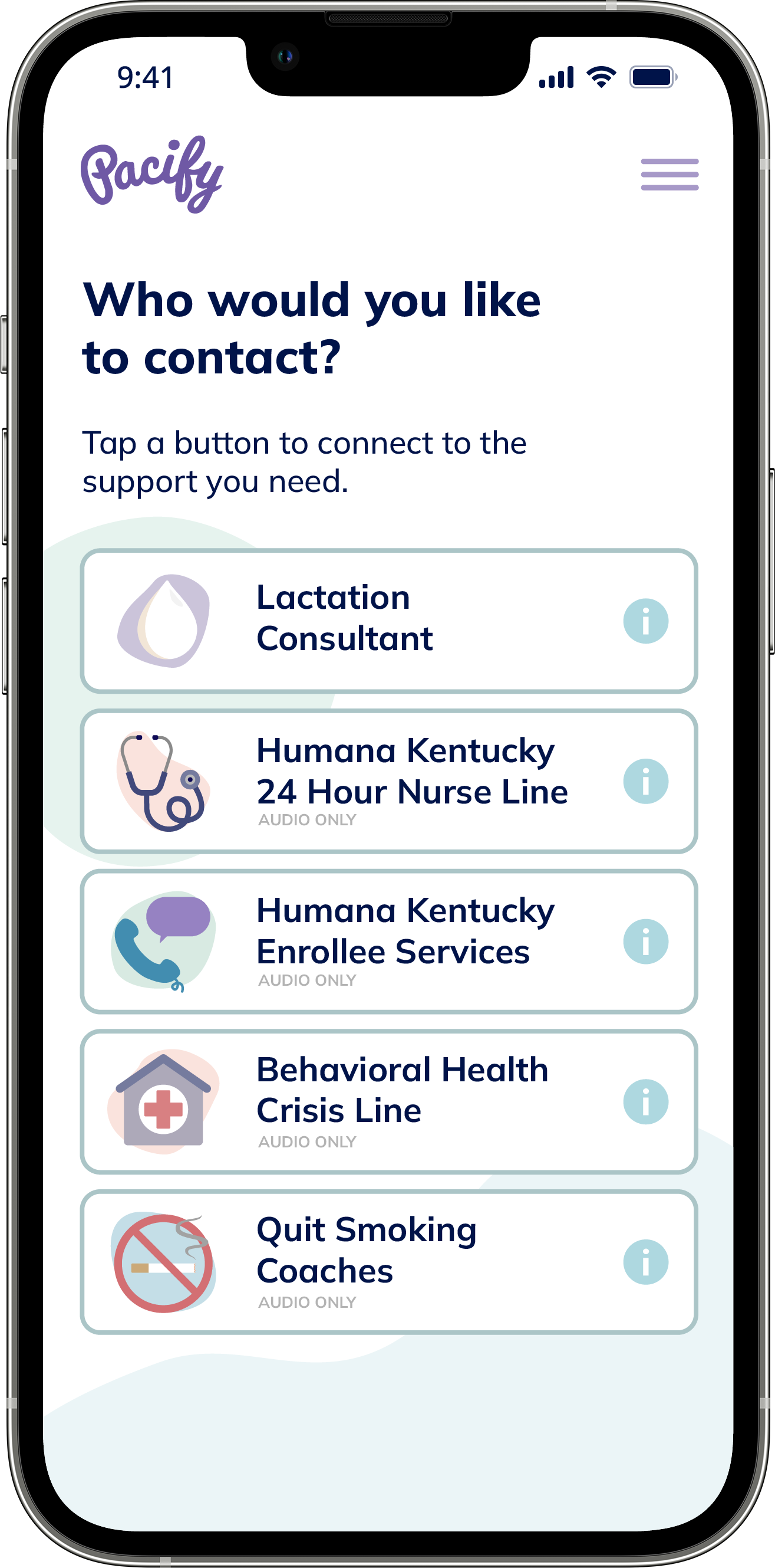 Home screen of Pacify app showing call buttons to Lactation Consultants, Humana Kentucky 24 Hour Nurse Line, Humana Kentucky Enrollee Services, Behavior Health Crisis Line, and Quit Smoking Coaches.