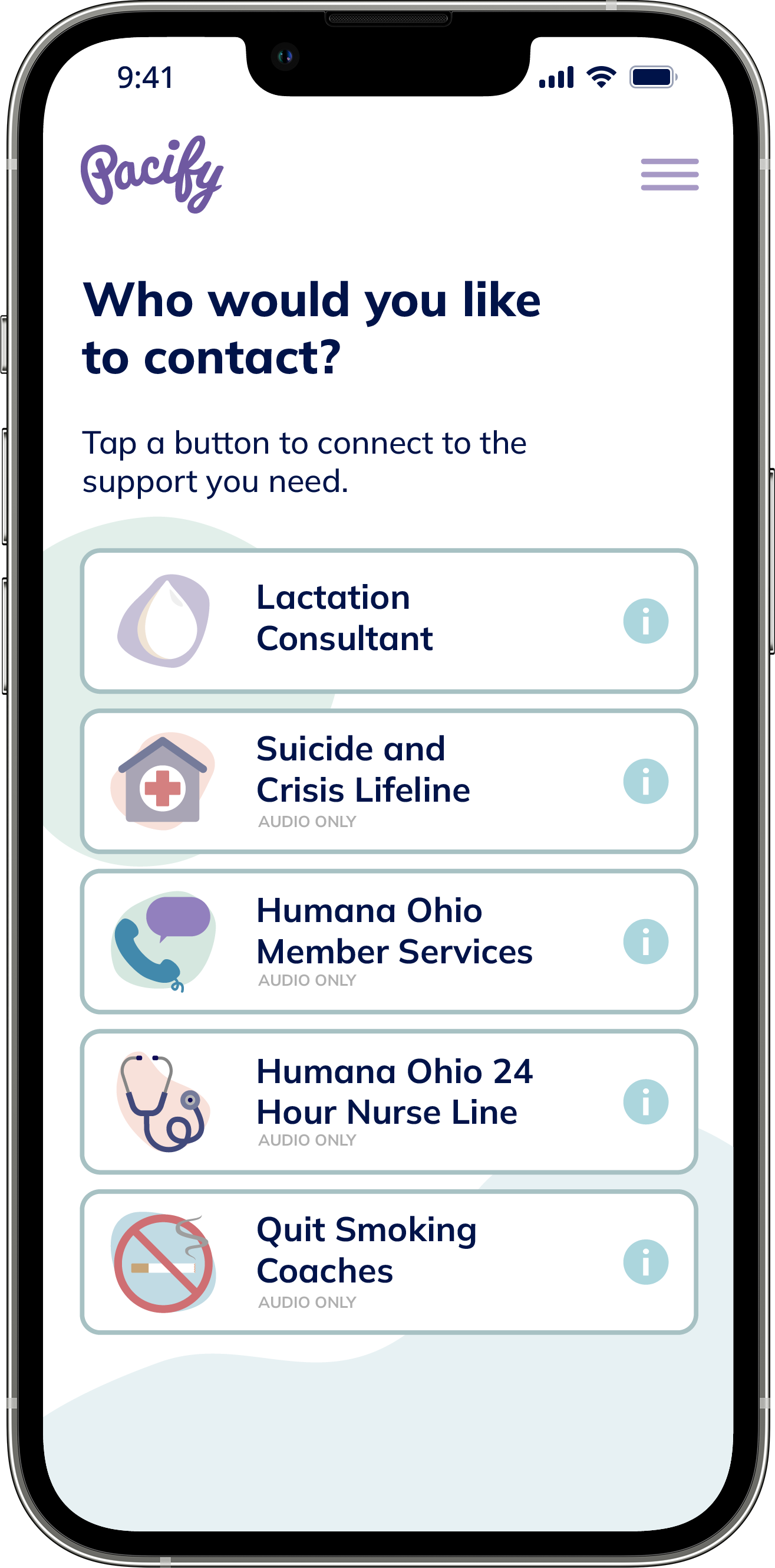 Home screen of Pacify app showing call buttons to Lactation Consultants,  Mental Health CareLine, Humana Ohio Member Services, Humana Ohio 24 Hour Nurse Line,  and Quit Smoking Coaches.